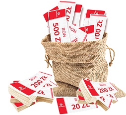 Bony towarowe Selgros o wartości:
					20 zł, 50 zł, 100 zł, 200 zł, 500 zł